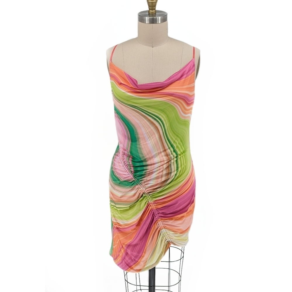 AFRM Swirl Print Cowl Neck Mini Dress - Pink, Green, Orange